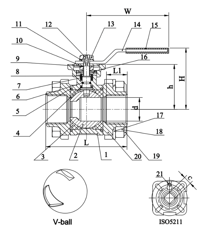 V port 2 way Stainless Steel Ball Valve Dimensions